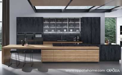 Single Wall Kitchen Design with Long Wood Island