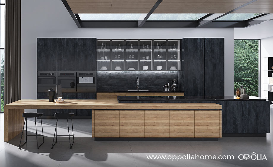 Single Wall Kitchen Design with Long Wood Island