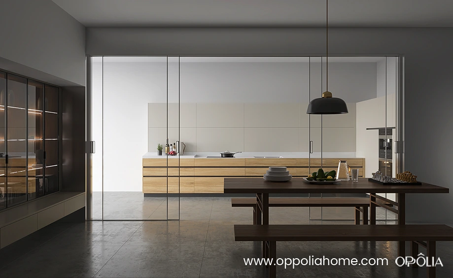 Beige and Wood Warm Minimalist Kitchen Cabinets