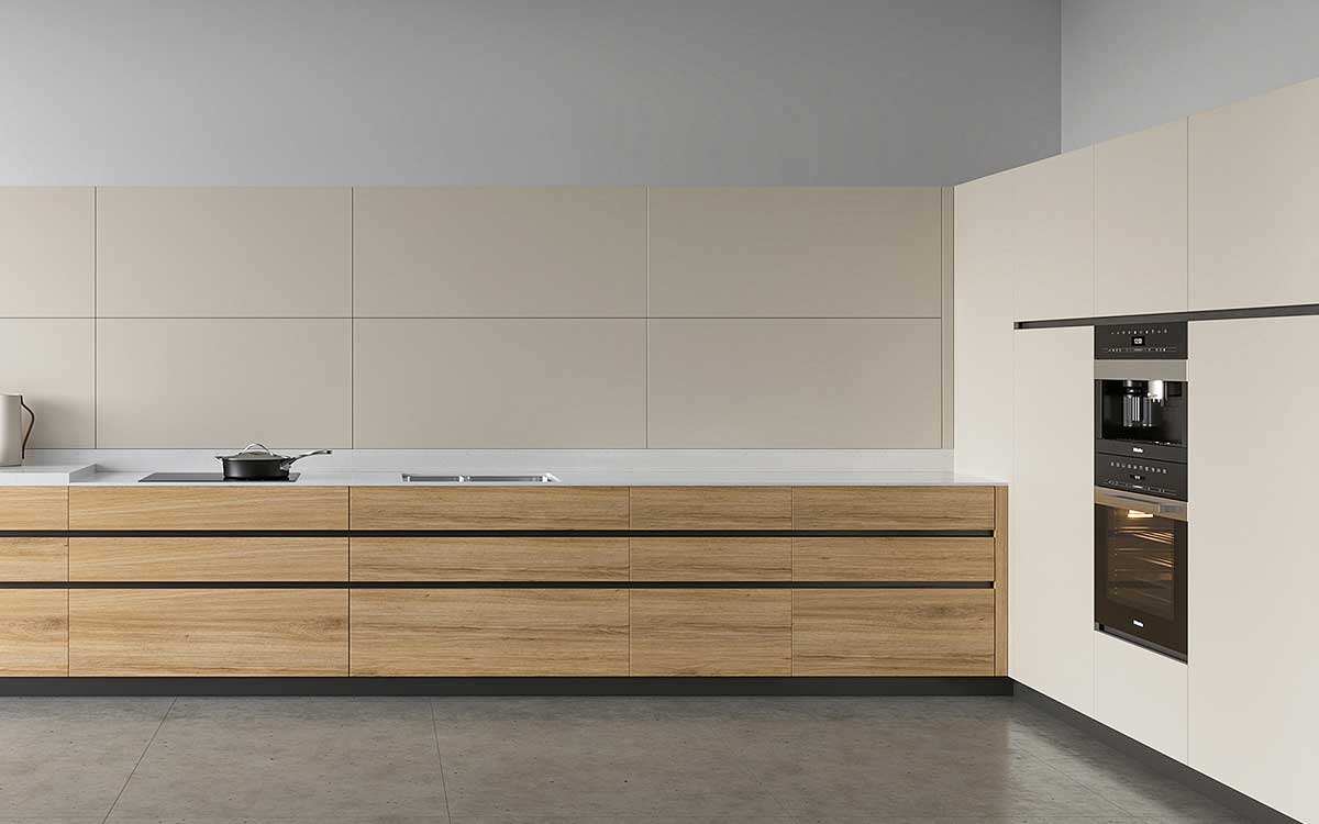 L-shaped two tone Beige and Wood Warm Minimalist Kitchen Cabinets