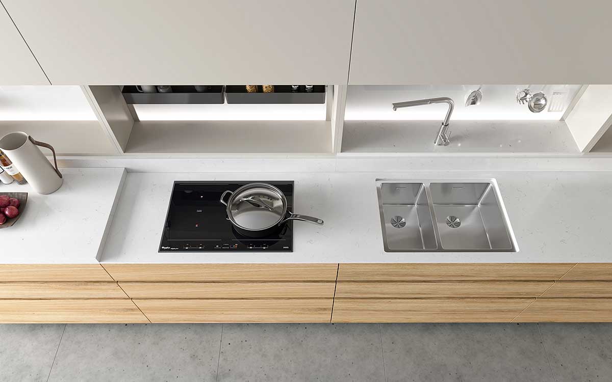 A warm, minimalist kitchen island that blends white and wood tones