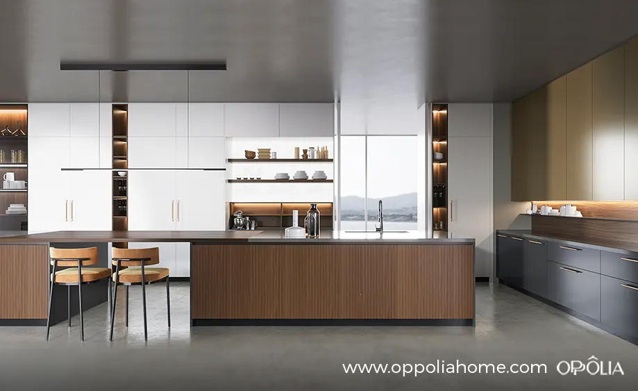 Double Island Kitchen Design for Long Kitchen Layout