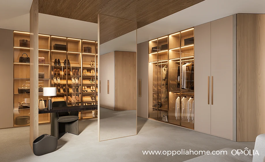 Luxury Walk in Closet with Beige and Light Wood Cabinets