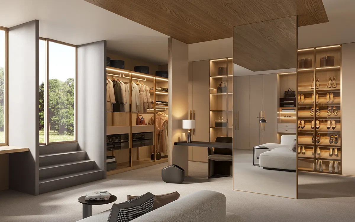Luxury Walk in Closet with Beige and Light Wood Cabinets