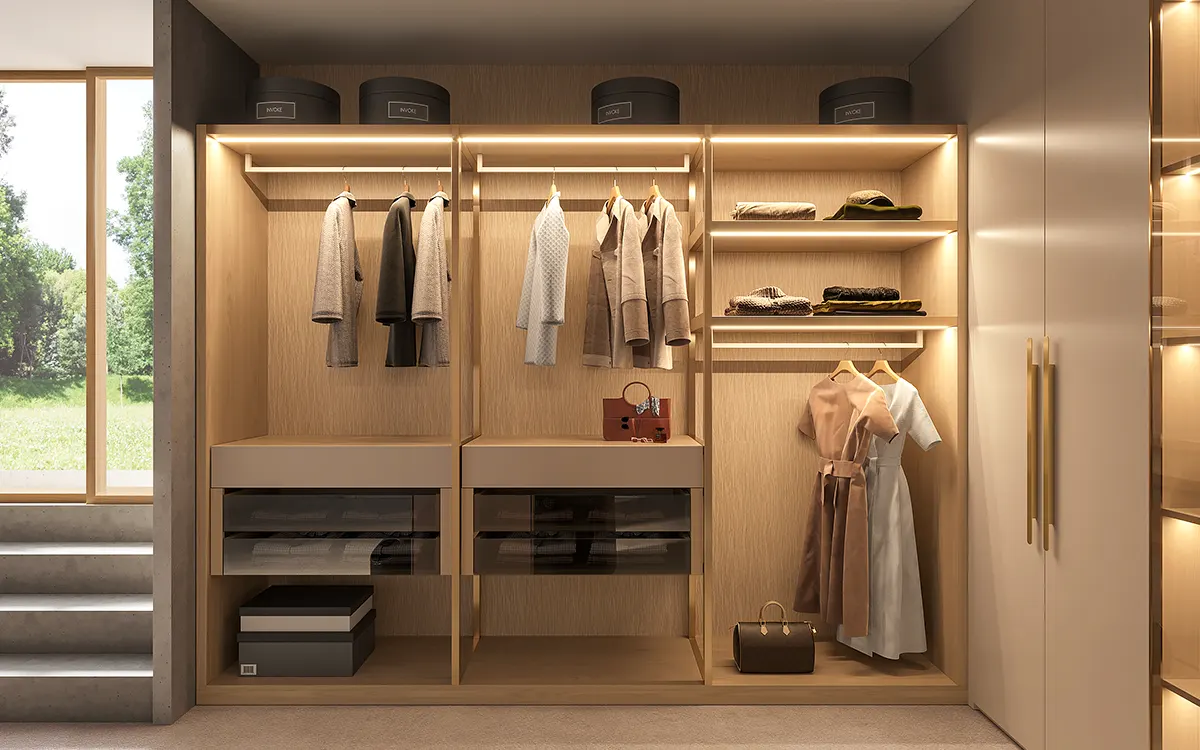 open shelves closet with integrated lighting