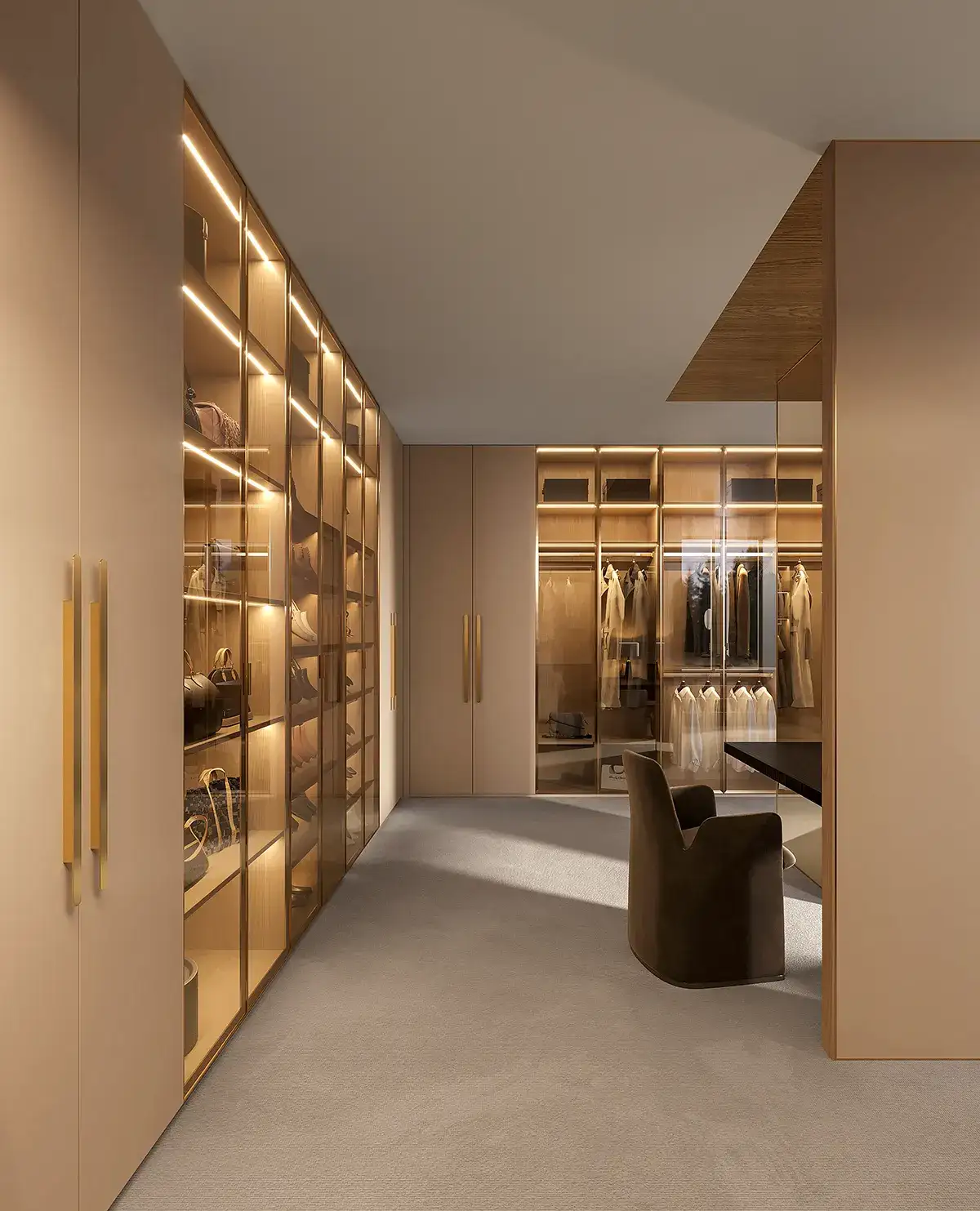 Luxury Walk in Closet with Beige and Light Wood Cabinets with glass door