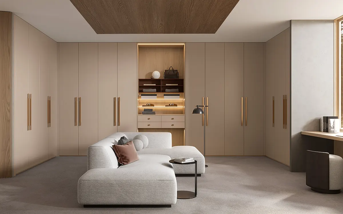Luxury Walk in Closet with Beige and Light Wood Cabinets