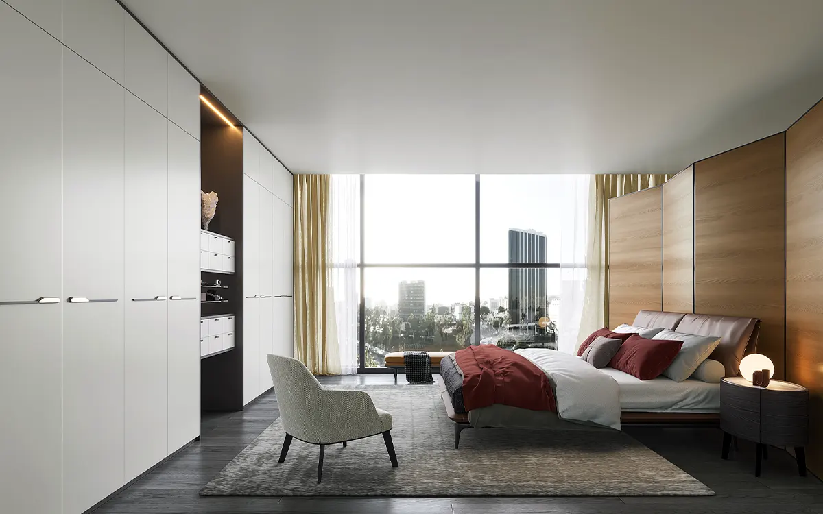 Hinged Wardrobes in Off White and Elephant Grey white modern bedroom built-in wardrobes