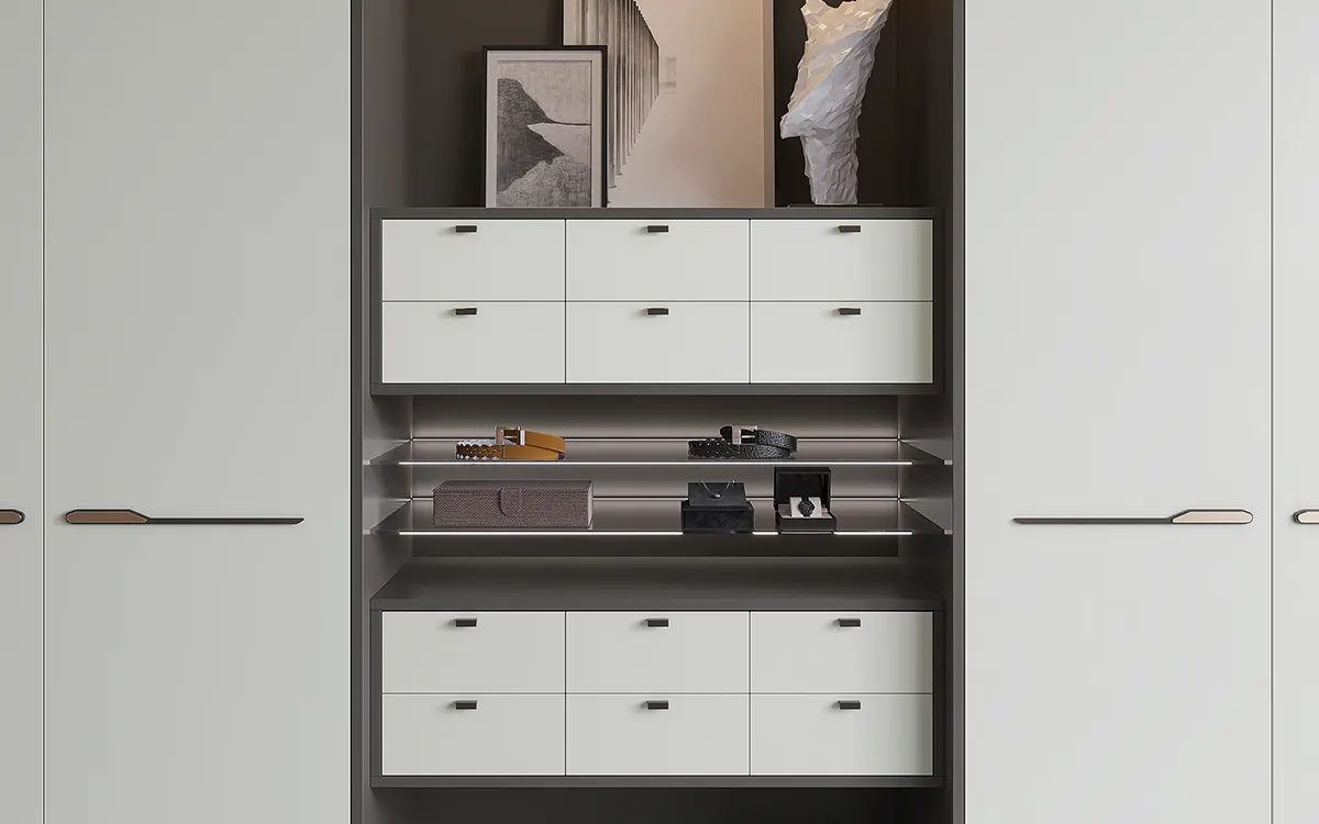 Hinged Wardrobes in Off White and Elephant Grey Off White and Elephant Grey open shelves
