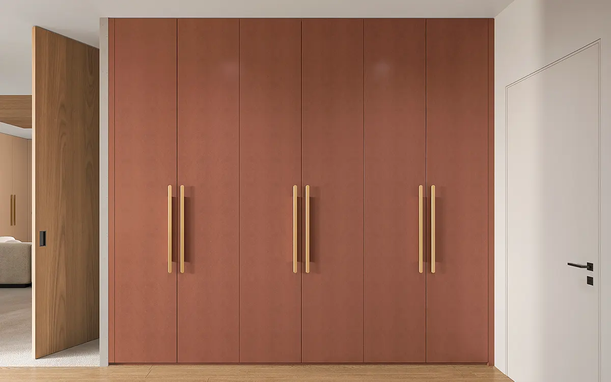 Red Wardrobe with Modern Long Brass Handles Red Wardrobe with Modern Long Brass Handles