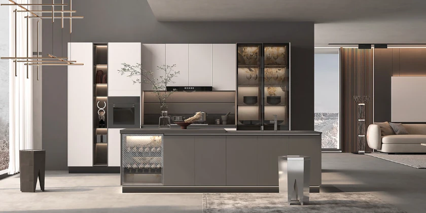 white and grey two tone lacquer kitchen cabinets