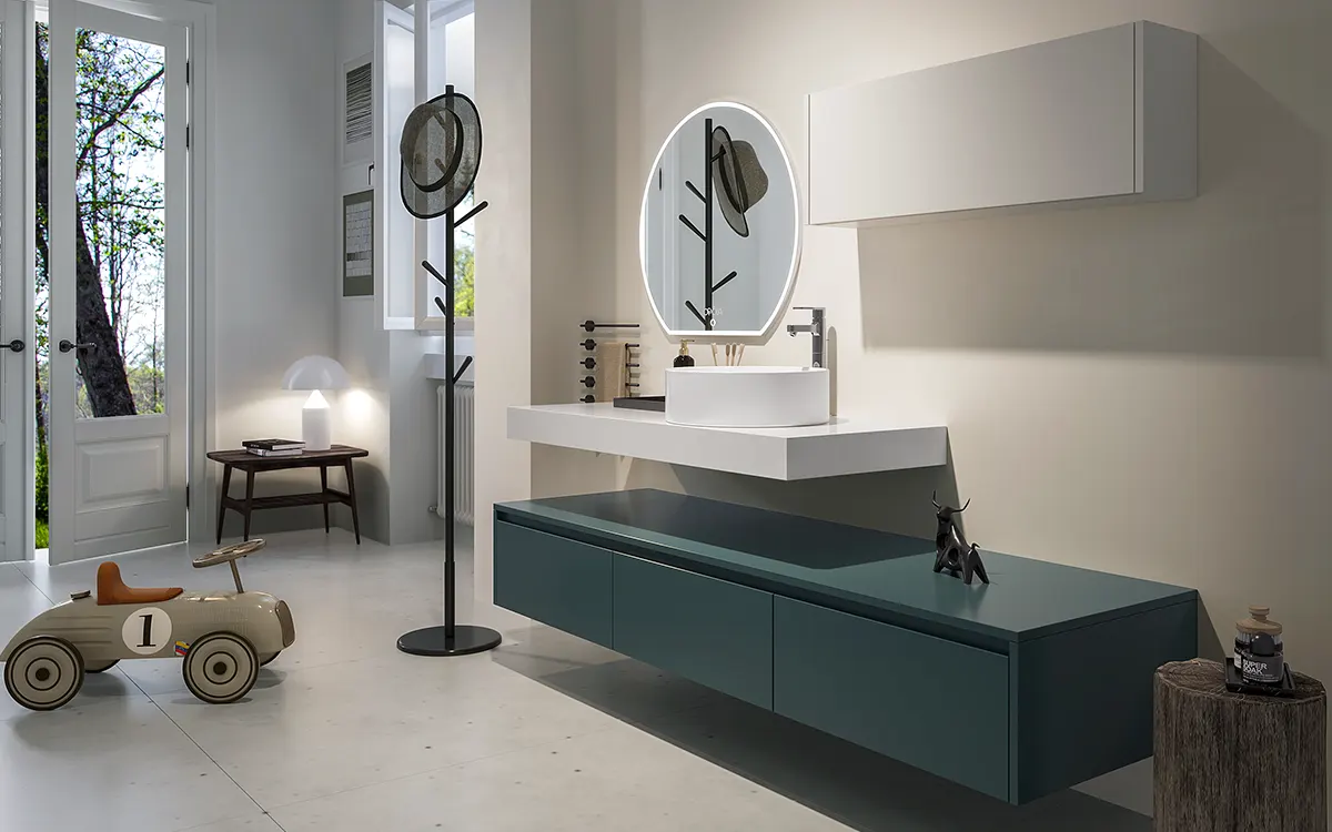 Wall Hung Vanity in Teal Blue Modern Style Wall Hung Vanity in Teal Blue Modern Style