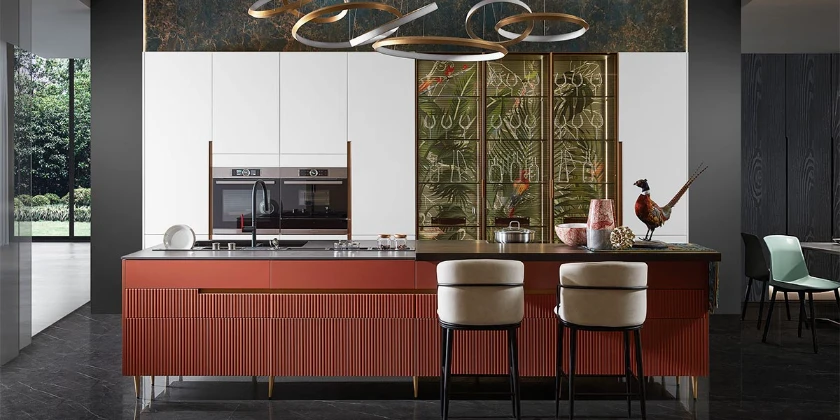 modern luxury white cabinets with red island
