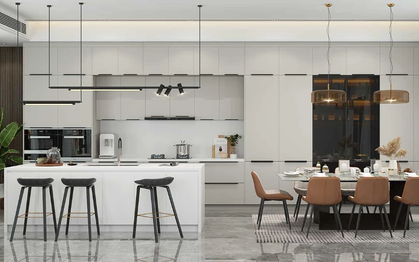 light grey cabinets with white island