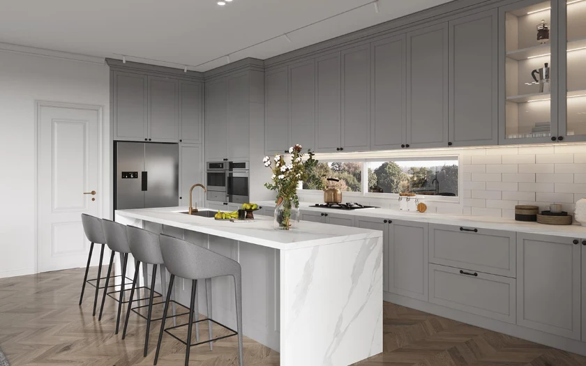 light grey shaker kitchen cabinets with waterfall island