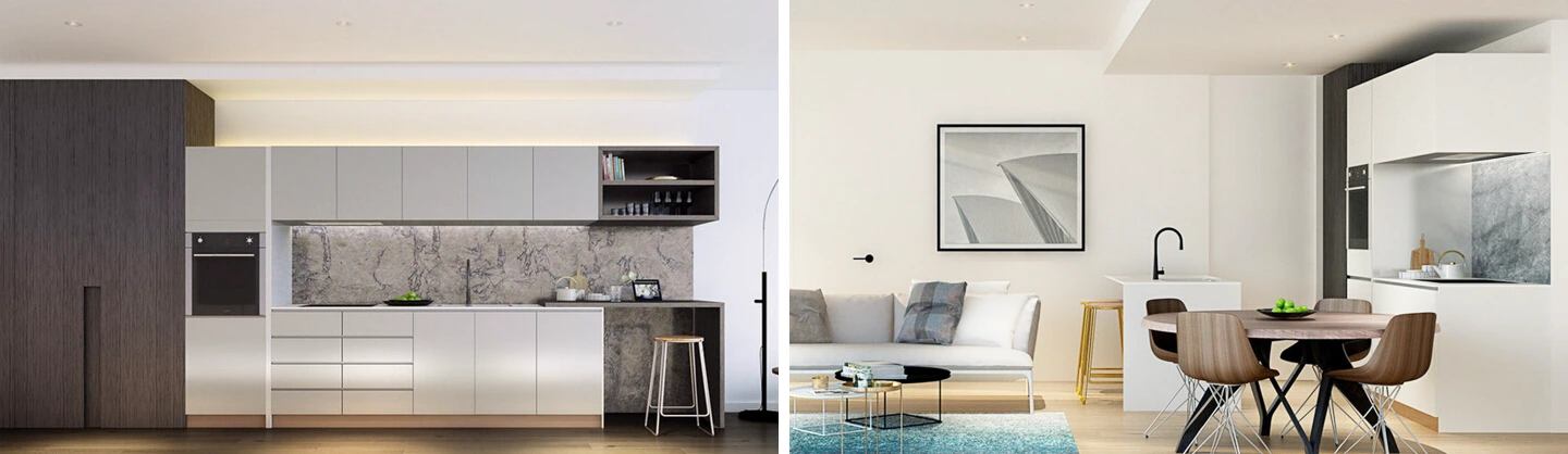 minimalist white handleless kitchen cabinets for small apartment