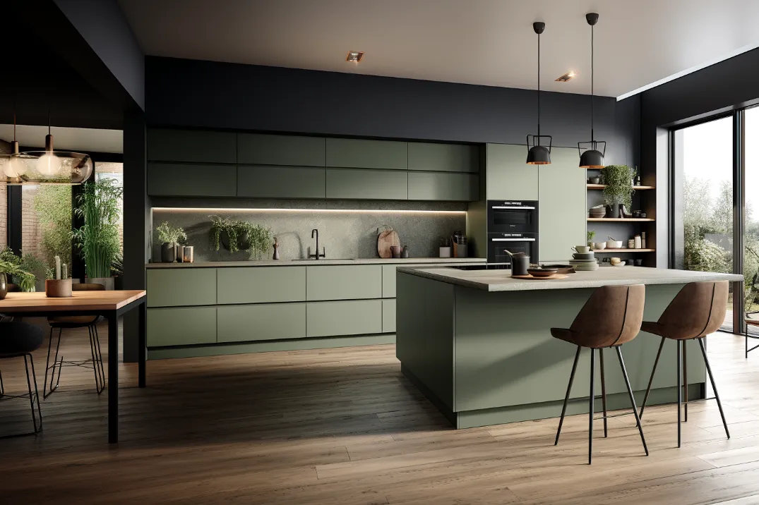 modern matte sage green handleless kitchen design