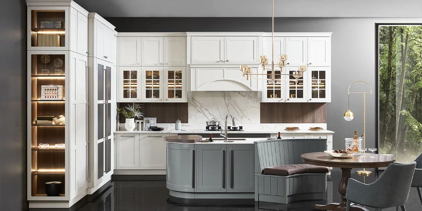 white and grey shaker kitchen cabinets with island and dining table