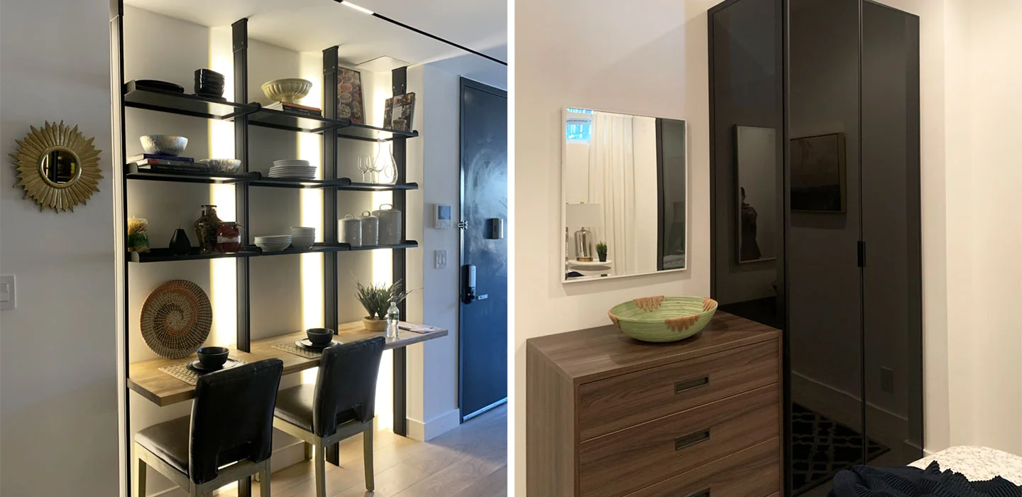 custom cabinets with dark glass doors for luxury condominium project in New York