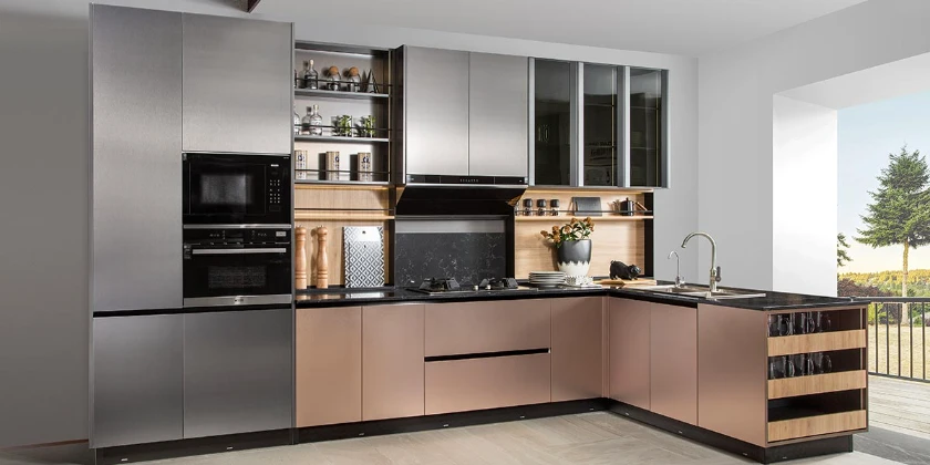 modern grey and red metal effect L shaped kitchen cabinets 