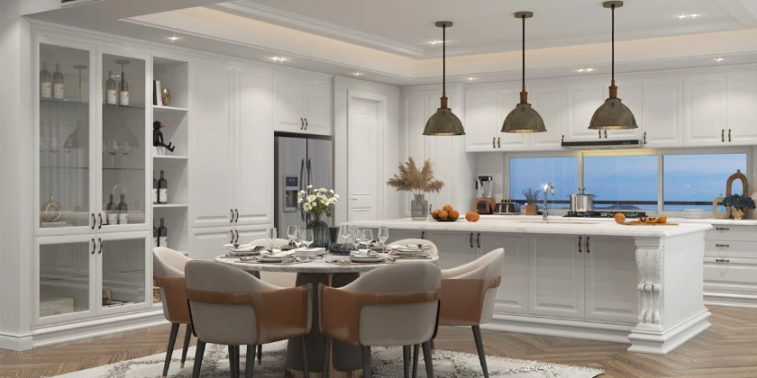white shaker kitchen cabinets with island