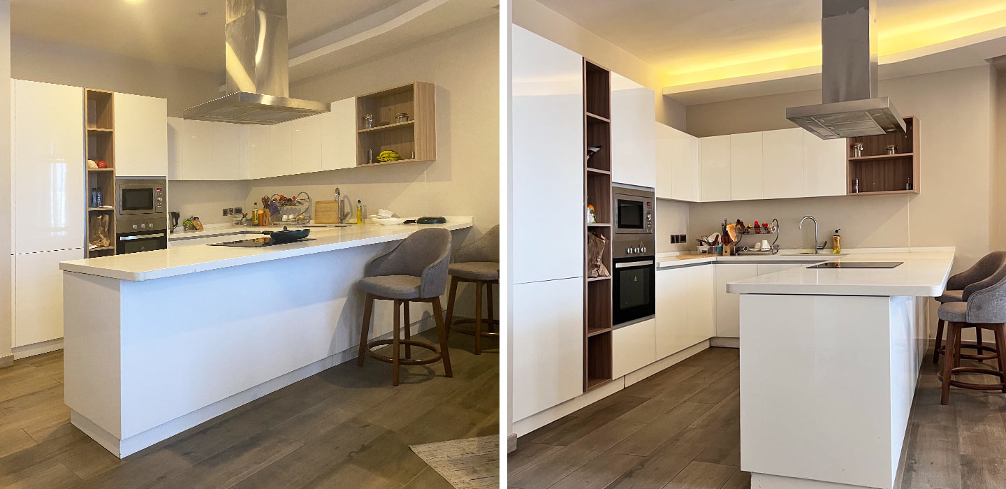 white kitchen with peninsula project in Nairobi Kenya