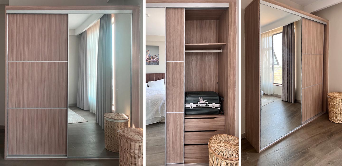 sliding wood grain wardrobe with mirror door