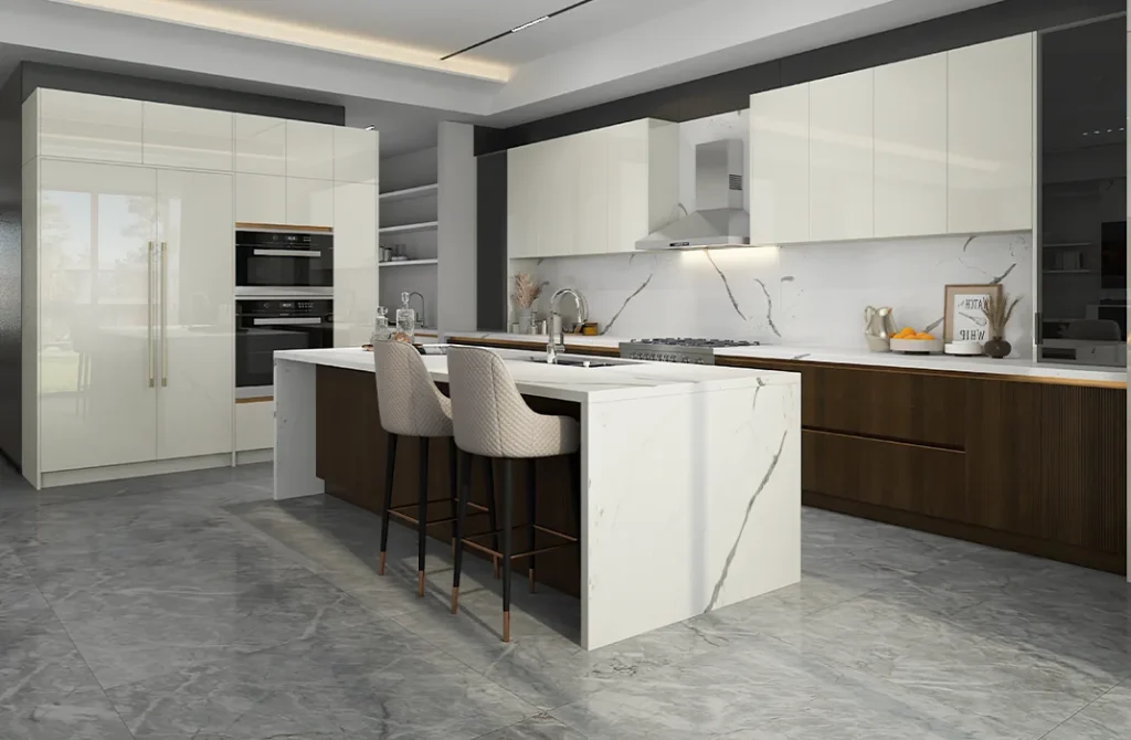 Modern high gloss cabinets with wood grain island countertop