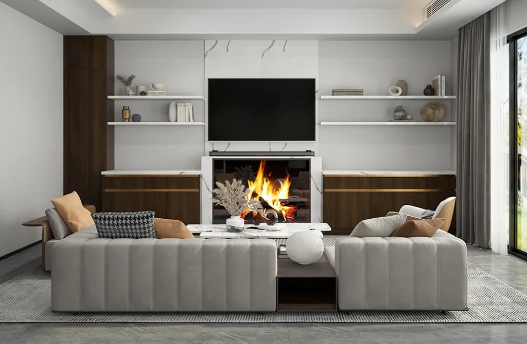 Wall-Mounted Tv Unit Design With Open Shelves With Base Cabinets